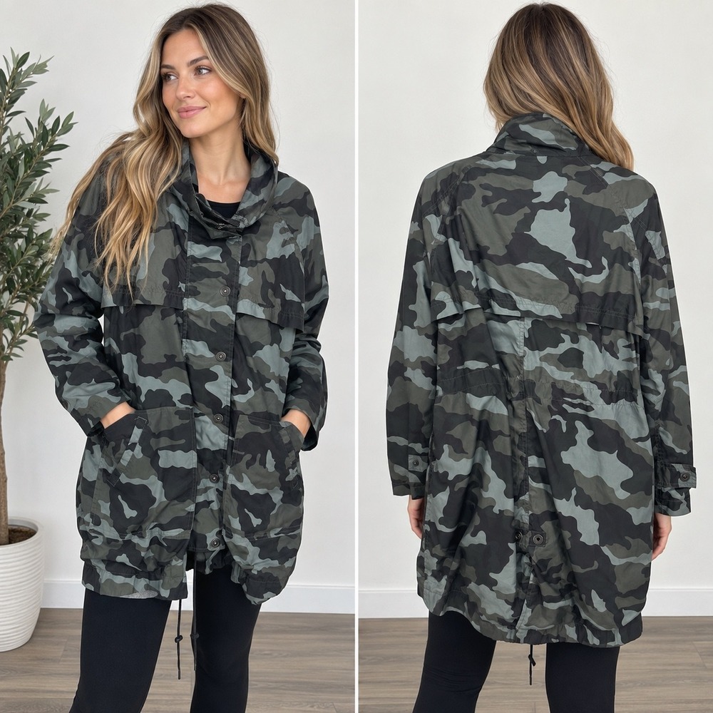 Anorak Women Large Camo Rain Jacket Windbreaker Green Grey Full Zip Snap Utility